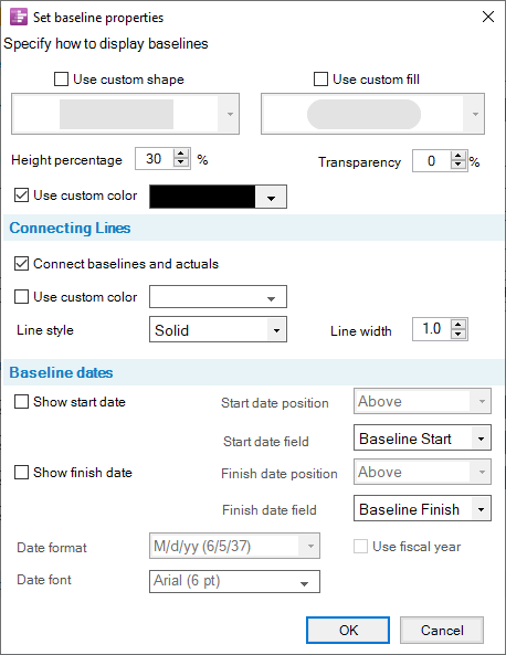 Customize the look and feel of the baseline markers on your Gantt chart.