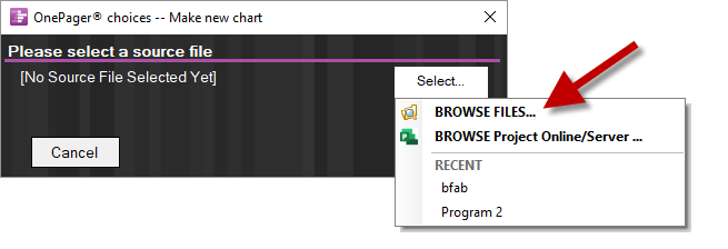 OnePager Pro source file selection.