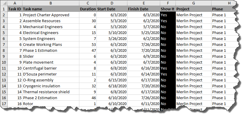 Project schedule maintained in Microsoft Excel.