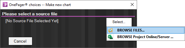 OnePager Pro source file selection.