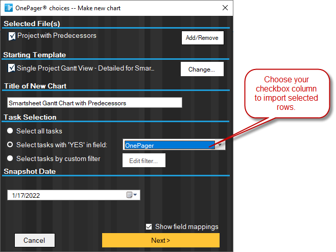 Import from Smartsheet into a OnePager Gantt chart so that you can display predecessors.