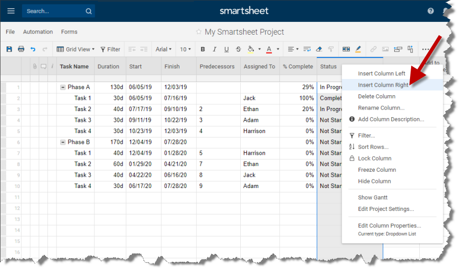 Insert a new column into Smartsheet