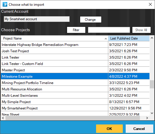 Import from Smartsheet into a OnePager timeline.