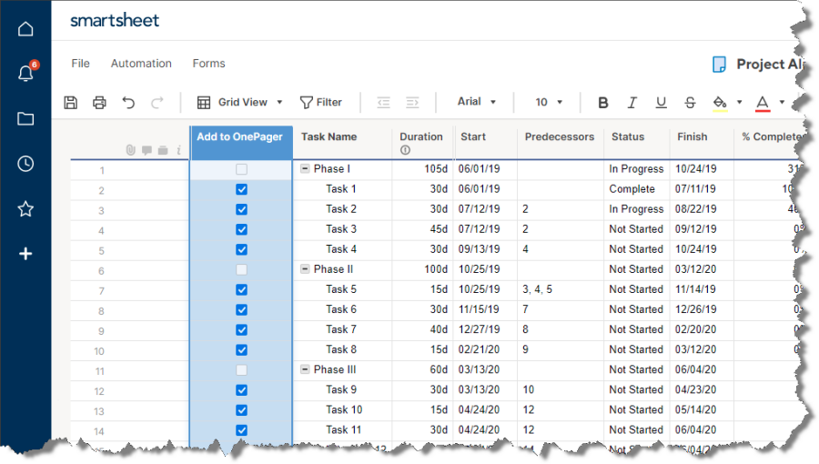 Select the Smartsheet rows from each project to include in your multi-project Gantt chart.
