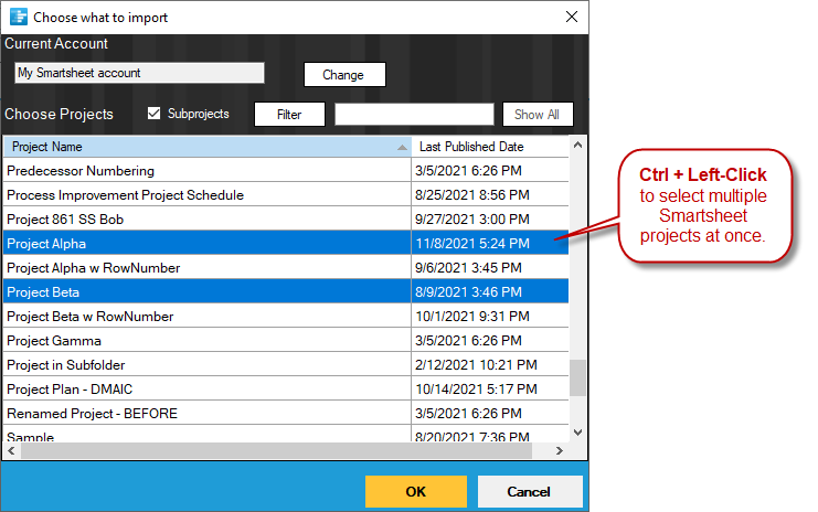 Import multiple Smartsheet projects into OnePager.