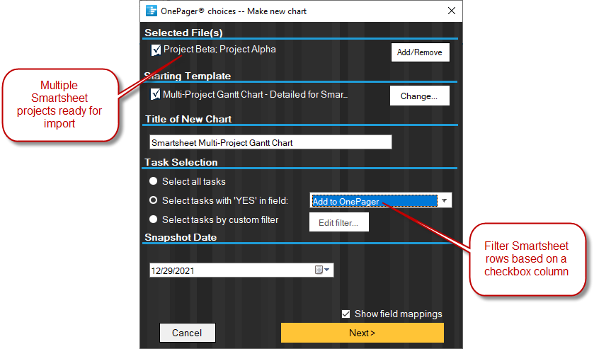 Import multiple projects from Smartsheet, and filter based on a Smartsheet checkbox field.