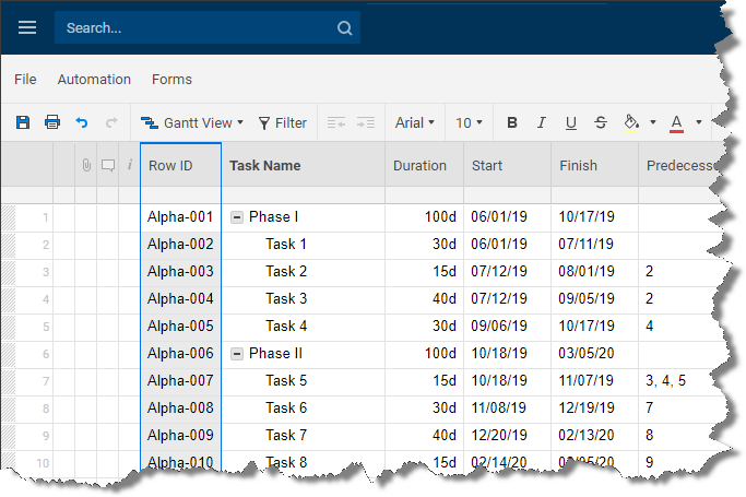 Smartsheet Row ID, including the project name.