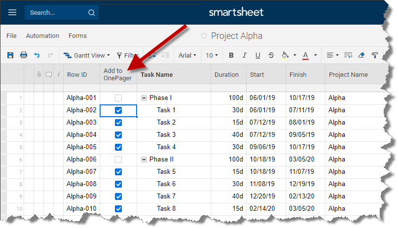 Filter the tasks to include in your Gantt chart