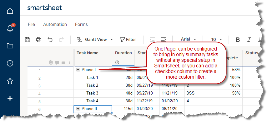 Smartsheet summary tasks will be included in the OnePager multi-project timeline