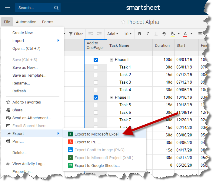 Export Smartsheet to Excel.