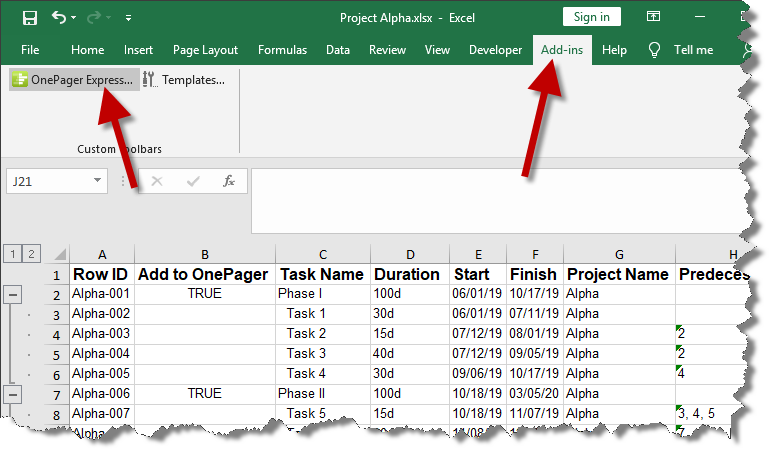 OnePager Express will import from Excel