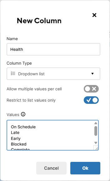 Insert a custom Health column into Smartsheet.