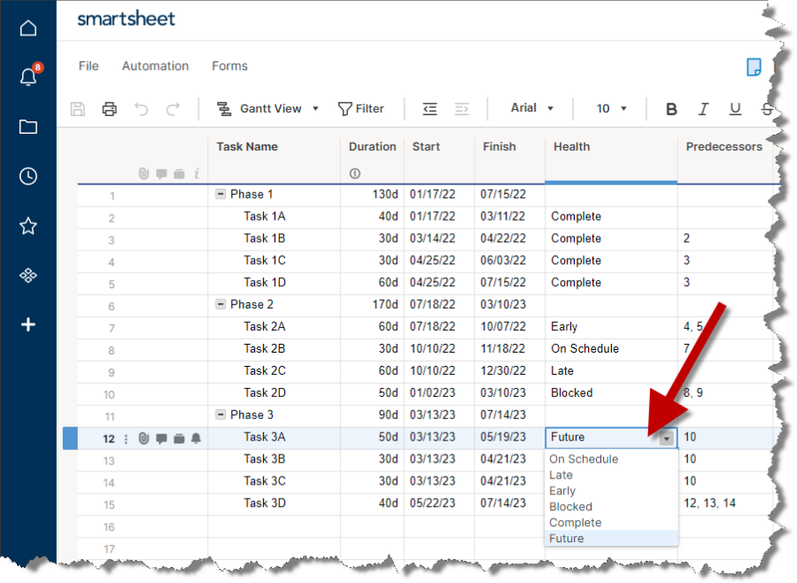 Health status values assigned to each task in Smartsheet