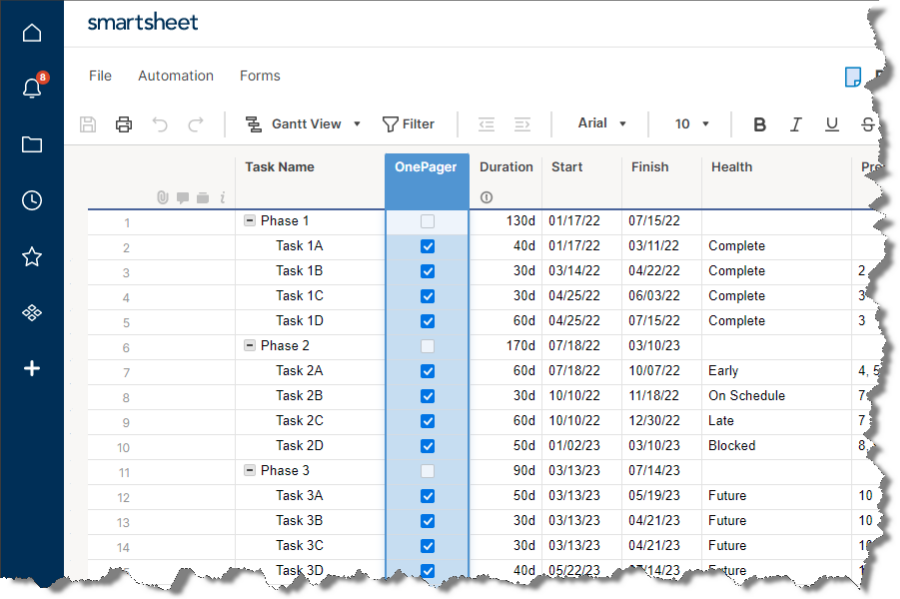 Smartsheet project with OnePager checkbox column.