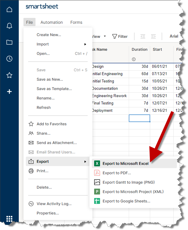 Export from Smartsheet to Excel.