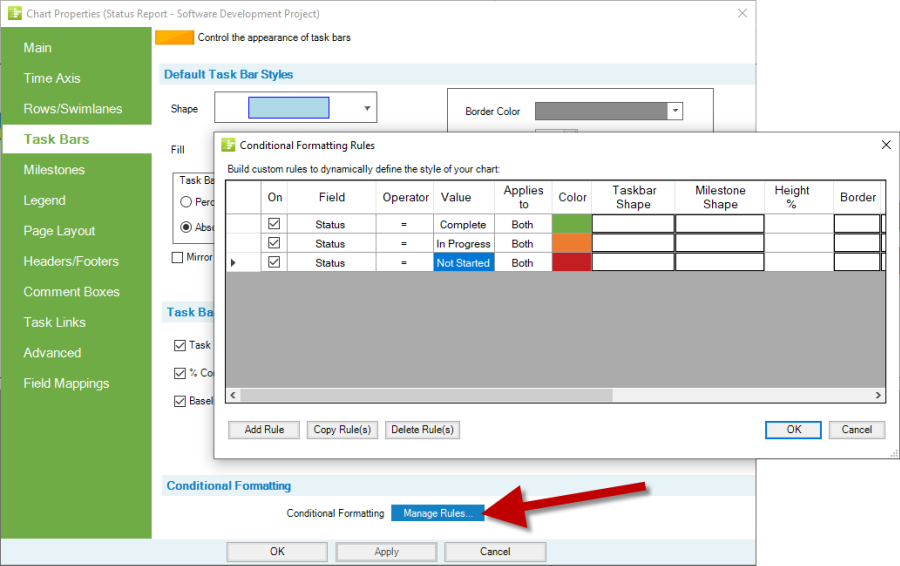Smartsheet conditional formatting for status reporting.