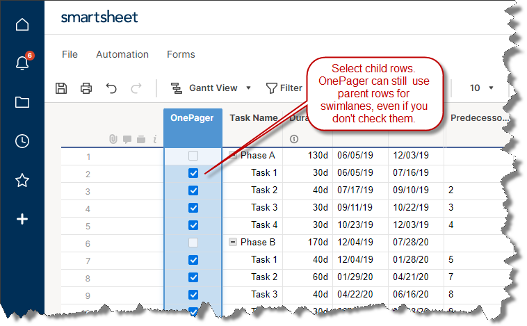 Select which rows from Smartsheet should be in the Gantt chart