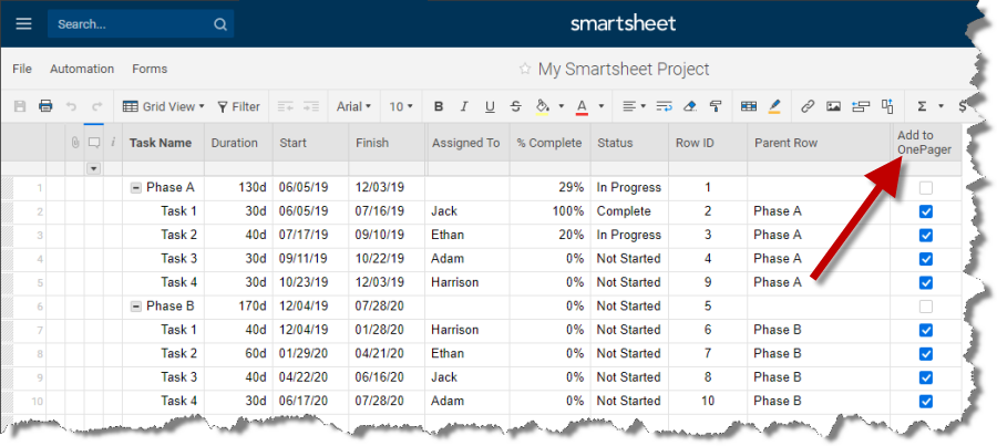 Select the tasks from Smartsheet to import into OnePager.