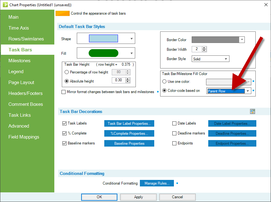 Color-code by Smartsheet parent row.