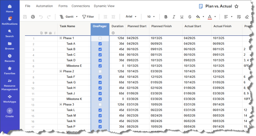 Checkbox field decides which Smartsheet rows will import into the OnePager timeline.