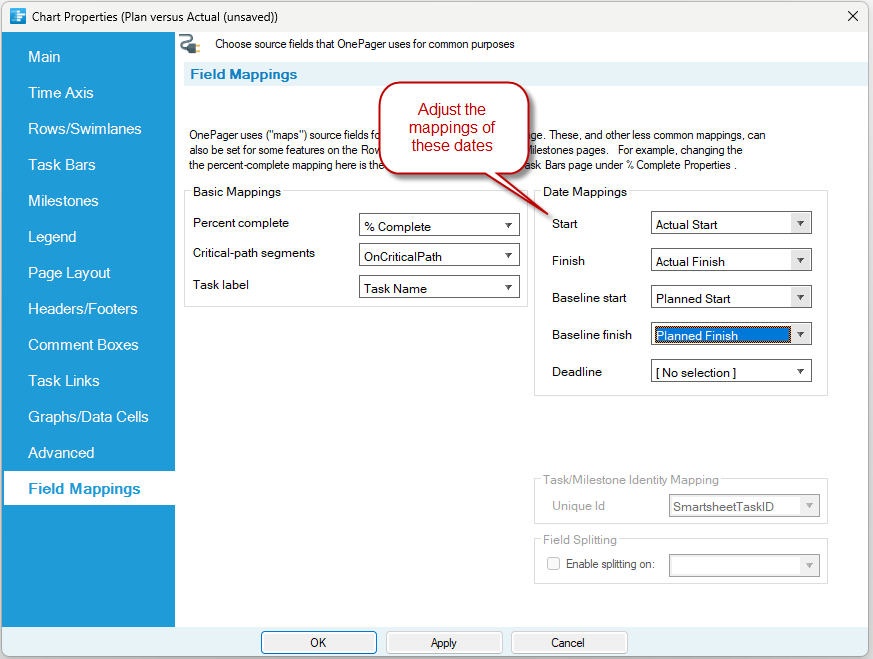 Switch the position of planned and actual dates from Smartsheet in your timeline.