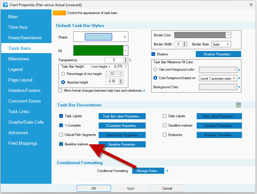 Display actual dates from Smartsheet underneath planned dates, if they're not already showing in your timeline.
