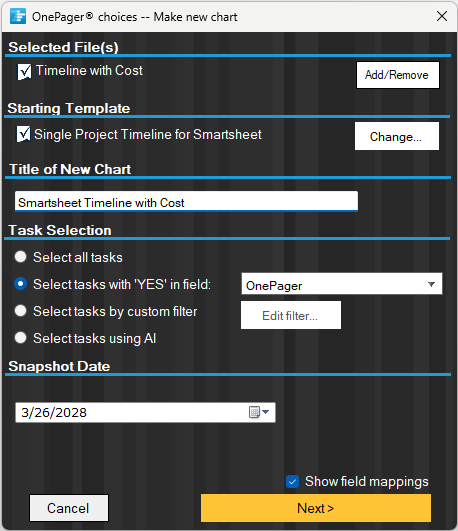 Connect to OnePager to build a timeline from Smartsheet.