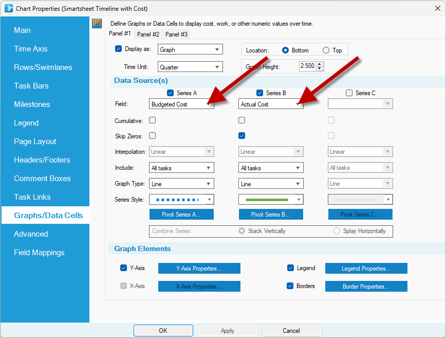 Settings to create a quarterly line graph of budgeted and actual costs for your Smartsheet timeline in OnePager.