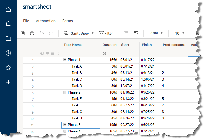Smartsheet project with tasks and phases.