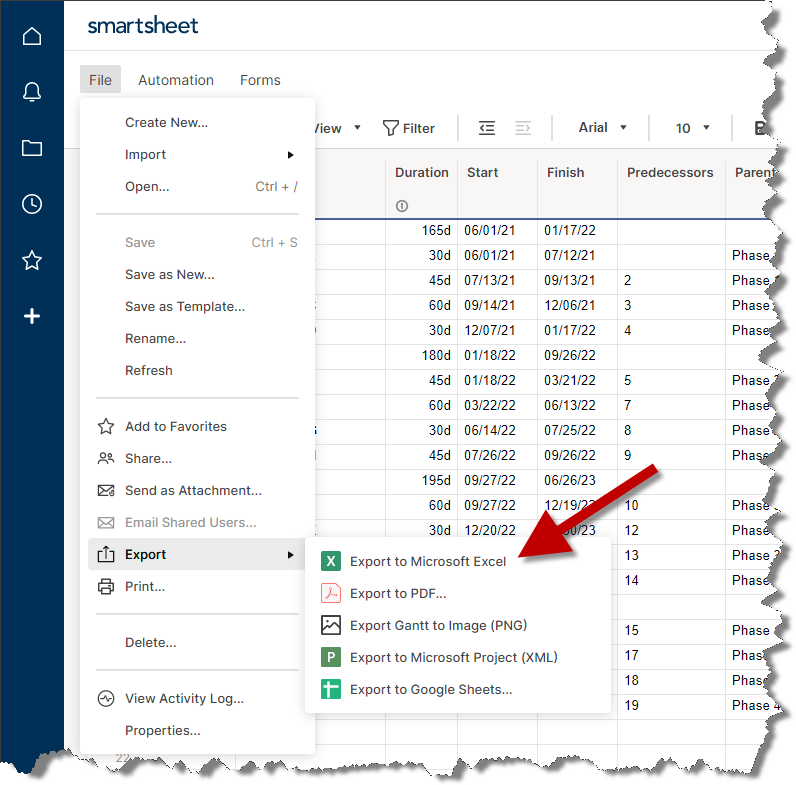 Export from Smartsheet to Excel.
