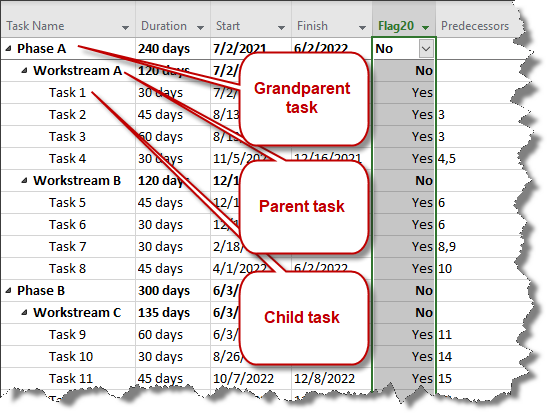 Microsoft Project plan with parent and child tasks.