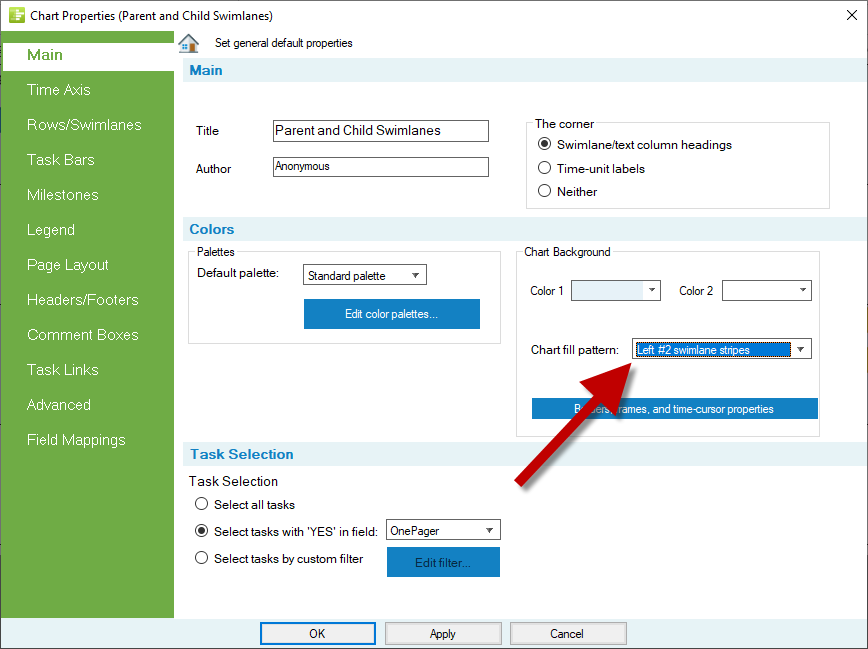 Swimlane stripes applied to the Gantt chart