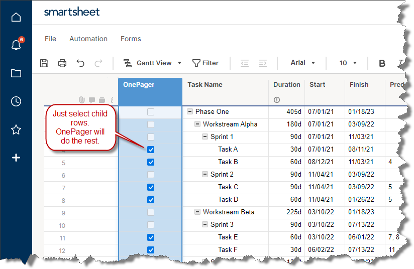 Select which child rows from Smartsheet should be in the Gantt chart.