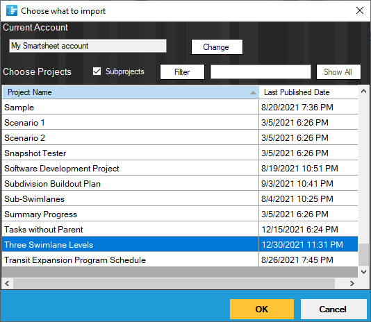 Import from Smartsheet into a OnePager swimlane chart.