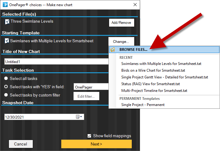 Select a template for Smartsheet swimlanes and sub-swimlanes.