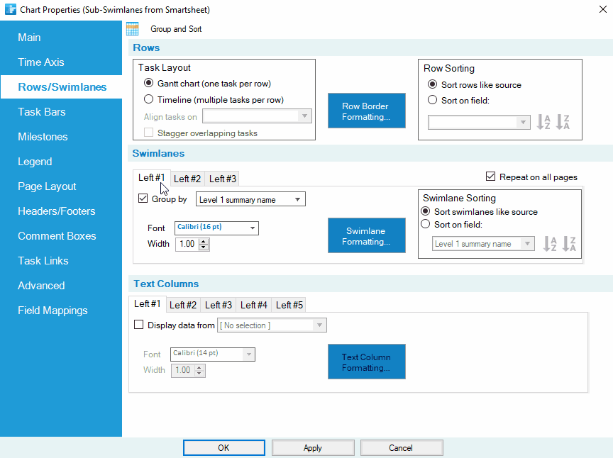 Configure which Smartsheet parent rows should drive swimlanes and sub-swimlanes.