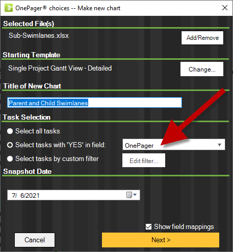 Create a new Gantt Chart in OnePager using data exported from Smartsheet.