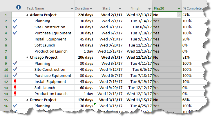 Microsoft Project plan with multiple phases.