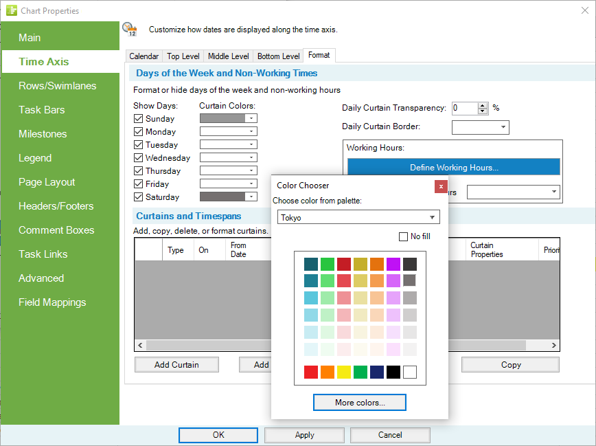 Change Saturday and Sunday to a different color to indicate that no work is scheduled to take place.