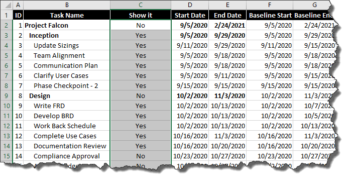Project schedule created in Microsoft Excel.