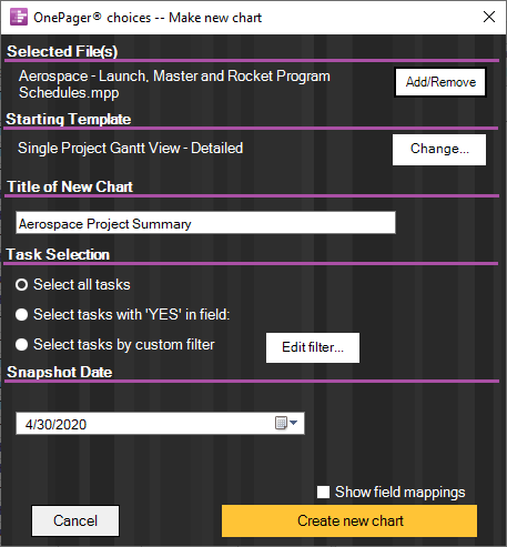 OnePager Pro's Gantt chart wizard makes it easy to summarize a Microsoft Project schedule.