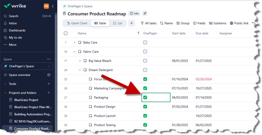Select tasks in Wrike with a checkbox field.