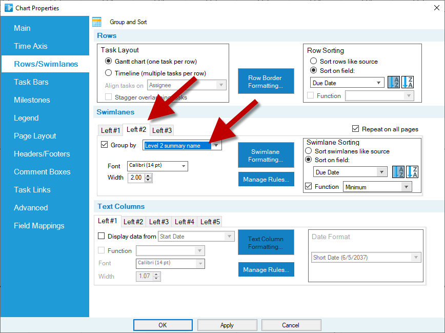 Group tasks in the Gantt chart into swimlanes based on the Wrike summary tasks.