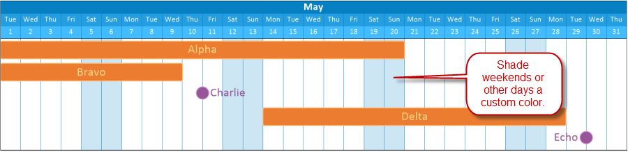Set weekdays to one background color and weekends to another with weekday curtain shading.