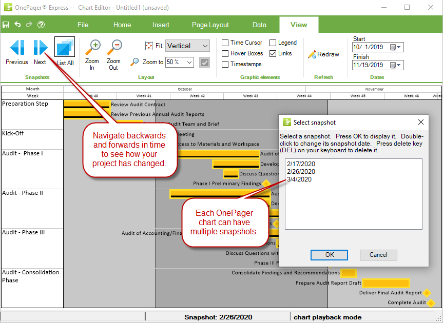 OnePager Express uses snapshots to create versions of a Gantt chart at different points in time.