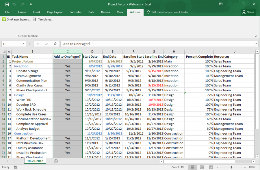 Use a Microsoft Excel column to filter your Excel project plan before importing into OnePager Express.