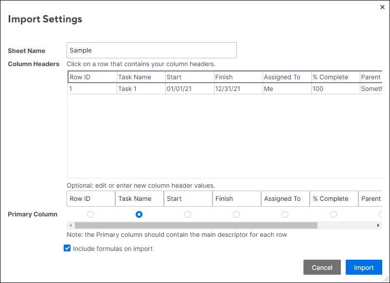 Finish importing from Excel into Smartsheet