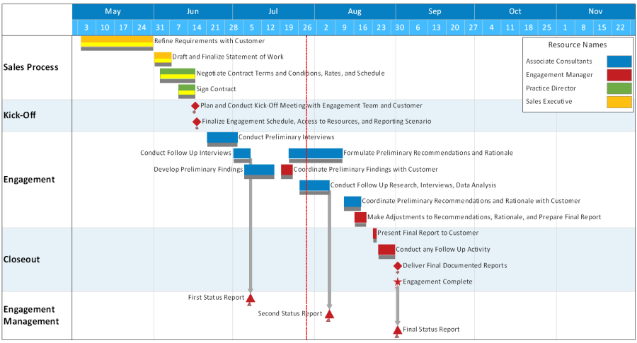Project schedule used as a part of a status review for an ongoing consulting engagement.