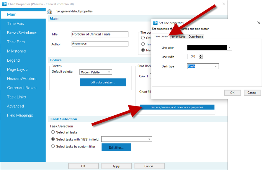 Change the line color, line width, or dash type of the time cursor.