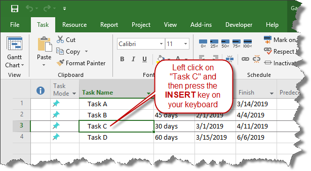 Select a task in Microsoft Project.